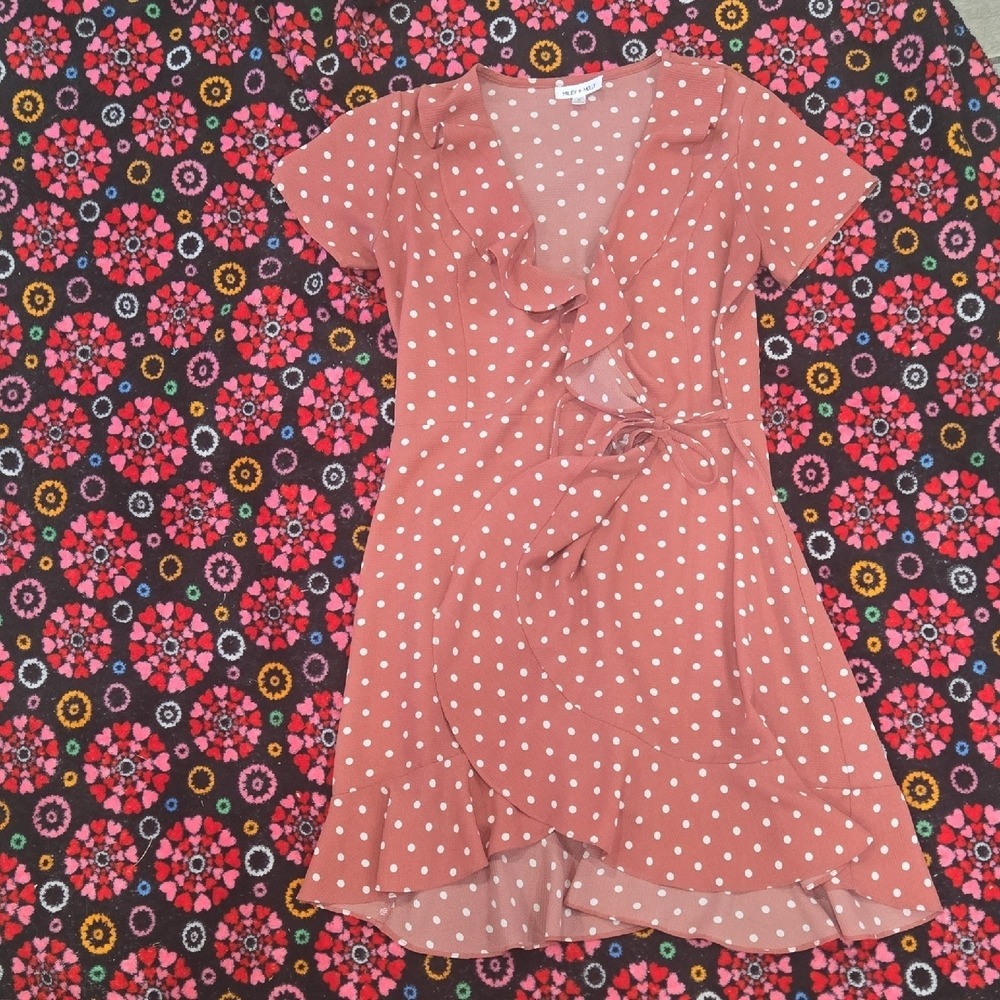 Miley + Molly Rust Polka Dot Ruffle Wrap Dress Short Sleeve V-Neck Mini